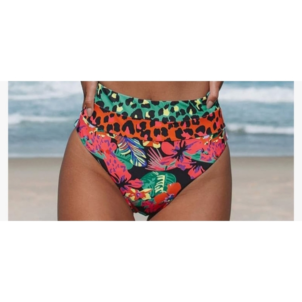 NEW Hilinker High Waisted Tropical Leopard Print Bikini Bottoms